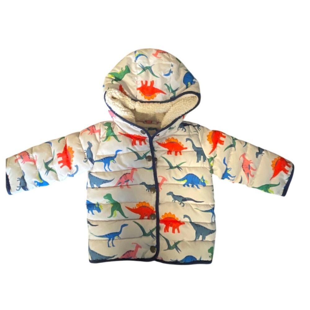 Baby Boden Puffer Coat Sherpa Lined Bright Dinosaur Print 18-24M